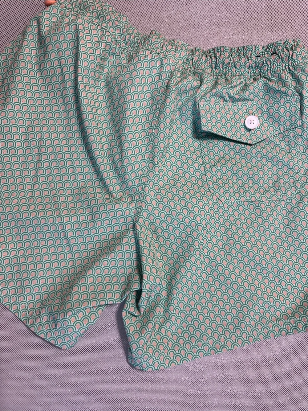 J. Crew Mint Green Scallop-Print Swim Shorts with Coral Accent